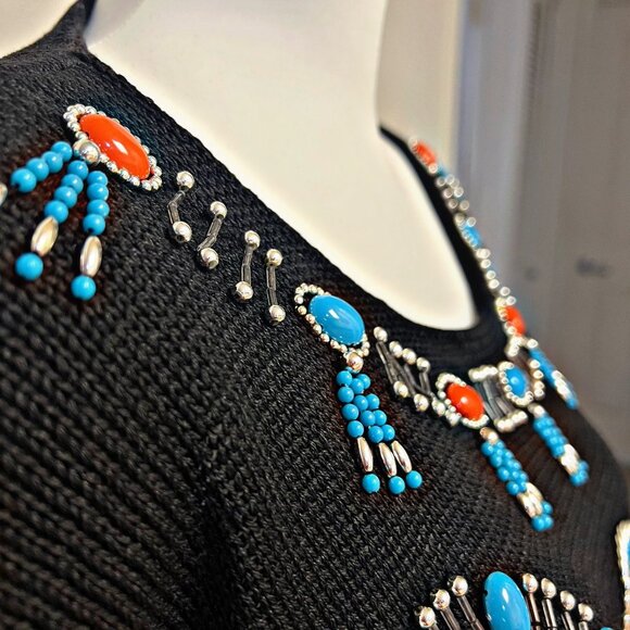 Victoria Jones Vintage 80s Beaded Knit Sweater Dress Shoulder Pad Oversize Tunic - Picture 11 of 12